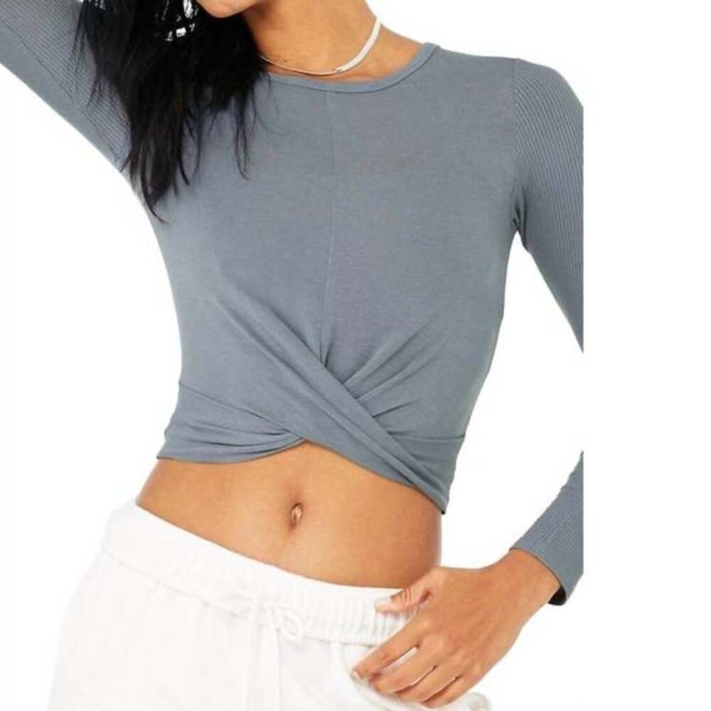 Alo Yoga (S) Cover Long Sleeve Crop Top Dusty Blue Twist Wrap Front Pilates Yoga